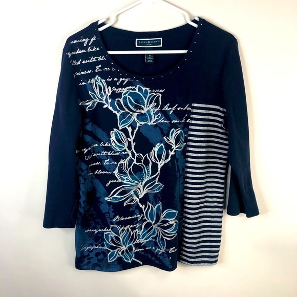Karen Scott Tops - Karen Scott Sport Navy blue floral stripe 3/4 sleeve scoop neck texture tee M